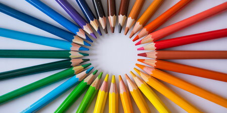 Color pencils in a circle on white background. Close up.の素材