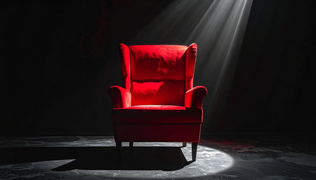 Red armchair in a dark room illuminated by a beam of lightの素材