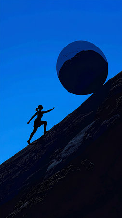 Woman running on a rock with moon in the background. 3D renderingの素材