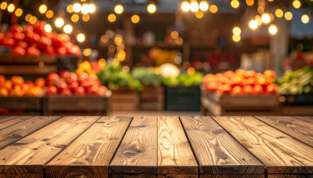 Empty wooden table and blurred background of grocery store with bokehの素材