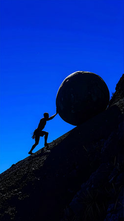 silhouette of a man climbing a mountain with a big ballの素材