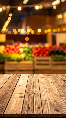 Empty wooden table in front of blurred background of grocery store or supermarketの素材