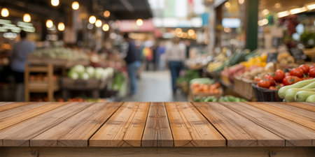 Empty wooden table and blurred background of food market, product display montageの素材
