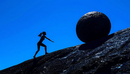 Silhouette of a woman walking on a rock against a blue skyの素材
