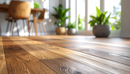 Wooden floor in the living room with a chair and a plantの素材