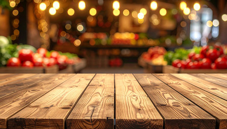 Empty wooden table in front of blurred background of grocery store or supermarketの素材