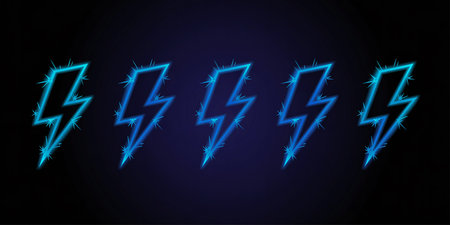 Lightning bolt set. Vector illustration. Blue neon sign on dark backgroundの素材
