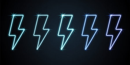 Lightning icon set in neon style. Vector illustration isolated on black background.の素材