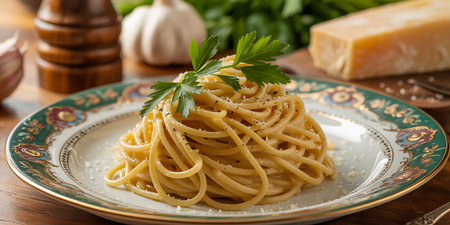 Spaghetti with parmesan cheese and parsley on a plateの素材