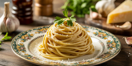 Spaghetti with parmesan and parsley on a wooden backgroundの素材