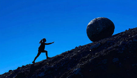Silhouette of a woman running on the top of a mountainの素材