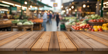 Empty wooden table and blurred background of farmers market, product display montageの素材