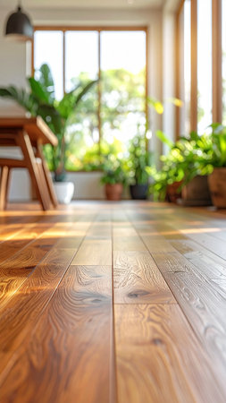 Wooden floor in living room with window and green plants background.の素材