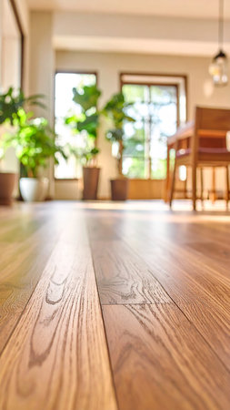 Wooden floor and chair in coffee shop blur background with bokehの素材