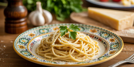 Spaghetti with parmesan cheese and parsley on a plateの素材