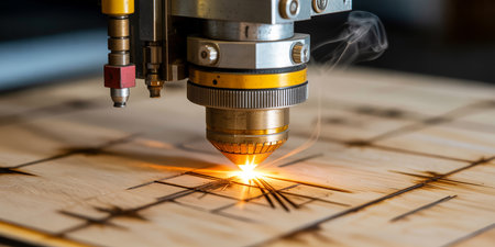CNC milling machine cutting wooden board with sparks close up.の素材