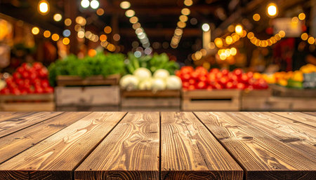 Empty wooden table and blurred background of vegetable market. For product displayの素材