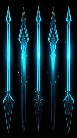 Set of blue magic arrows on a black background. Vector illustration.の素材