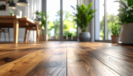 Wooden floor in the living room with a blurred background of the houseの素材