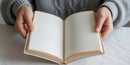 Woman hands holding a book on a white background. Close up.の素材