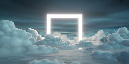 3d render of an open door in the sky with white cloudsの素材