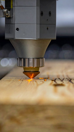 CNC milling machine cutting a wooden plank with sparks. High quality photoの素材