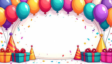 Background template design with balloons and gift boxes in blue and purple illustrationの素材