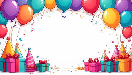 Birthday background with balloons and gift boxes on the white background illustrationの素材