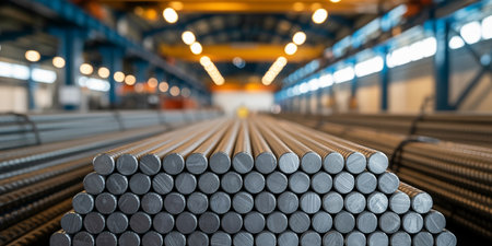 Steel pipes in warehouse, industrial background. 3d rendering toned imageの素材