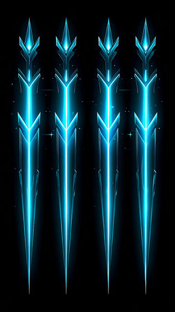 A set of blue neon swords on a black background. Vector illustrationの素材