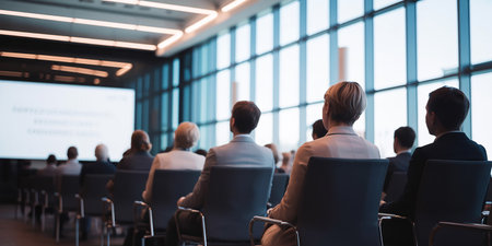 Rear view of unrecognizable businesspeople attending seminar in conference hallの素材