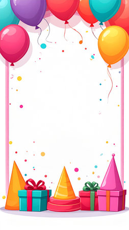 Birthday party background with balloons and gift boxes. Vector illustration.の素材