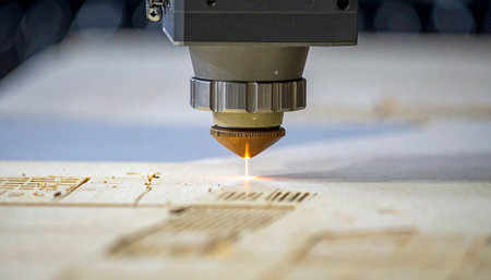 The CNC milling machine cutting the wooden plank with the sparking light.の素材