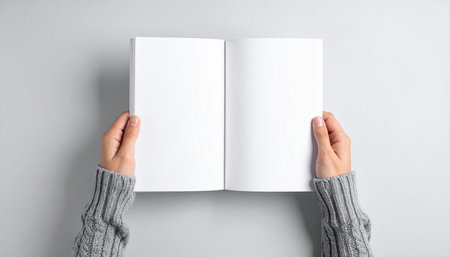Female hands holding blank book on grey background, top view. Mockup for designの素材