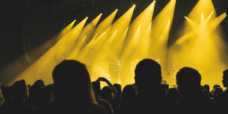 silhouette of concert crowd in front of bright stage lights.の素材