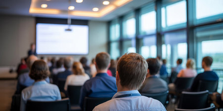 Business and entrepreneurship symposium. Speaker giving a talk at business meeting. Audience in conference hall. Rear view of unrecognized participant in audience.の素材