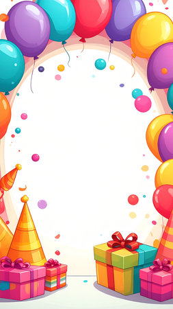 Illustration of a frame with balloons and gifts on a white backgroundの素材