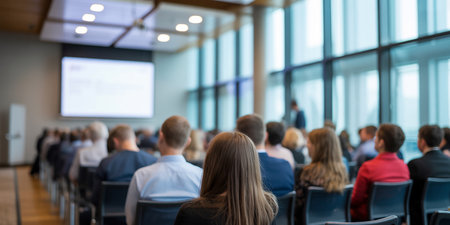 Business and entrepreneurship symposium. Speaker giving a talk at business meeting. Rear view of unrecognized participant in audience.の素材