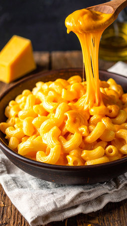 macaroni and cheese on a wooden background. tinting. selective focusの素材