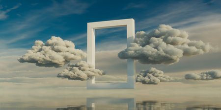 Letter D made of clouds and sky reflected in water. 3D renderingの素材