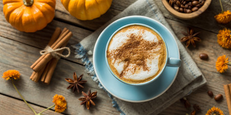 Pumpkin latte with cinnamon and anise on wooden backgroundの素材