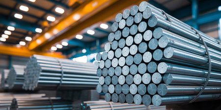 Metal profile cross section in packs at the warehouse of metal products, Russiaの素材