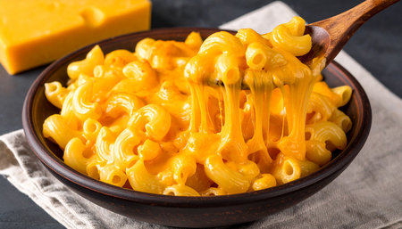 Macaroni and cheese sauce in a bowl on the table.の素材