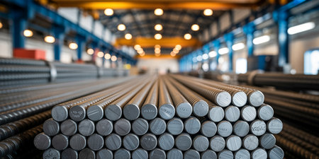 Metal profile cross section in warehouse, shallow depth of field. Industrial backgroundの素材