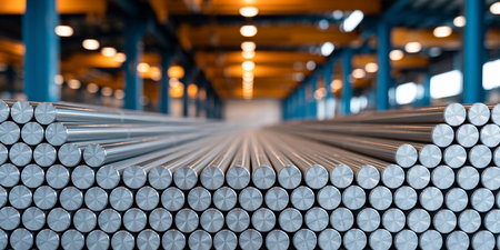 3D rendering of a stack of stainless steel pipes in a warehouseの素材