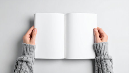 Woman hands holding blank book on white background, top view. Mockup for designの素材