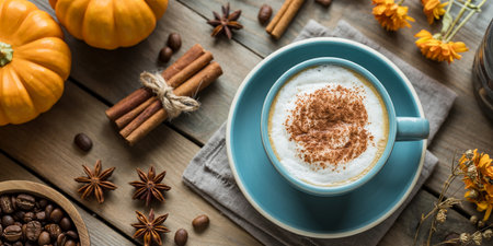Pumpkin latte art with cinnamon and anise on wooden backgroundの素材