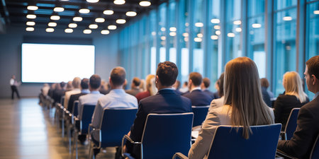 Business and entrepreneurship symposium. Speaker giving a talk at business meeting. Audience in conference hall. Rear view of unrecognized participant in audience.の素材