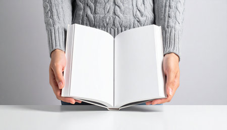 Woman hands holding a book on a gray background. Close up.の素材
