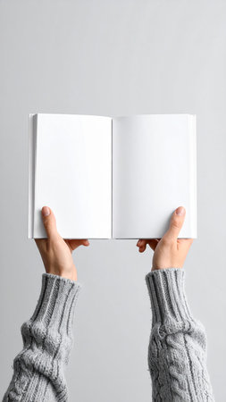 Woman holding blank book on light background, closeup. Mockup for designの素材